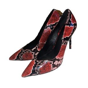 Jeffery campbell lure animal print snakeskin orange black red pointy heels 10